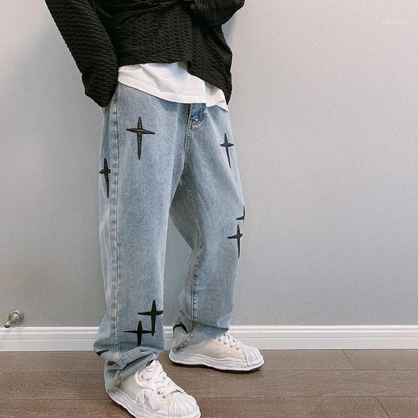 men's jeans embroidered cross straight pants zipper high waist casual washed denim with pocket hip hop, Blue
men's jeans embroidered cross straight pants zipper high waist casual washed denim with pocket hip hop, Blue