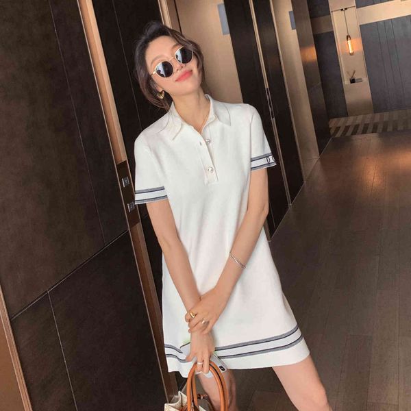 family's new summer product polo collar contrast striped short sleeve dress looks and thin knitted straight skirt for women, White
family's new summer product polo collar contrast striped short sleeve dress looks and thin knitted straight skirt for women, White