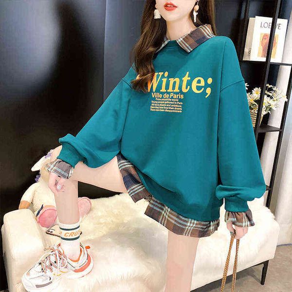 women's hoodi sweatshirts 2022 autumn winter korean loose large stitched plaid fake two-piece letter printed plush thickened women', Black
women's hoodi sweatshirts 2022 autumn winter korean loose large stitched plaid fake two-piece letter printed plush thickened women', Black