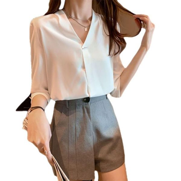 women's blouses & shirts chiffon v-neck spring and summer half sleeve shirt thin bottom relaxed temperament fashion, White
women's blouses & shirts chiffon v-neck spring and summer half sleeve shirt thin bottom relaxed temperament fashion, White
