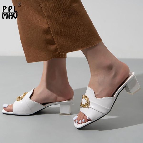 slippers fashion metal decoration buckle square heel white slides summer shallow non-slip pu leather open-toes office shoes, Black
slippers fashion metal decoration buckle square heel white slides summer shallow non-slip pu leather open-toes office shoes, Black