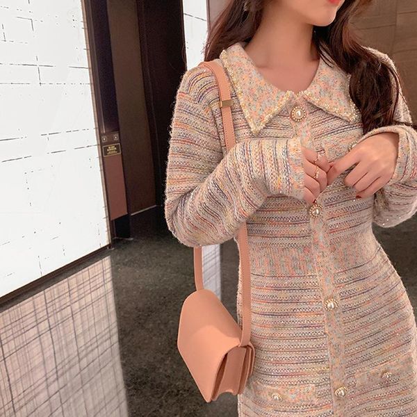 casual dresses autumn 2021 small fragrance knitted dress for women, Black;gray
