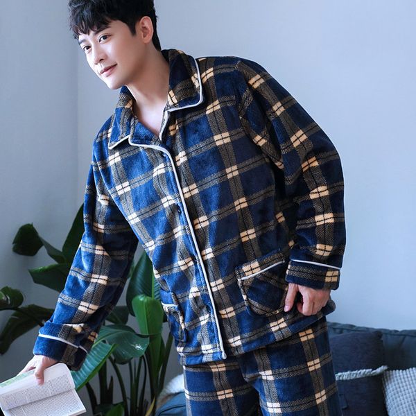 h5891 men pajamas set temperament plaid thick coral veet fall winter sleepwear long sleeve flannel turn down collar nightgown, Black;brown
h5891 men pajamas set temperament plaid thick coral veet fall winter sleepwear long sleeve flannel turn down collar nightgown, Black;brown