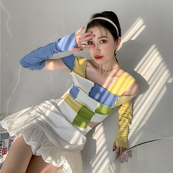 women's knits & tees color block knit r blouse summer women fashion patchwork weave crop square neck asymmetrical t3t8, White
women's knits & tees color block knit r blouse summer women fashion patchwork weave crop square neck asymmetrical t3t8, White