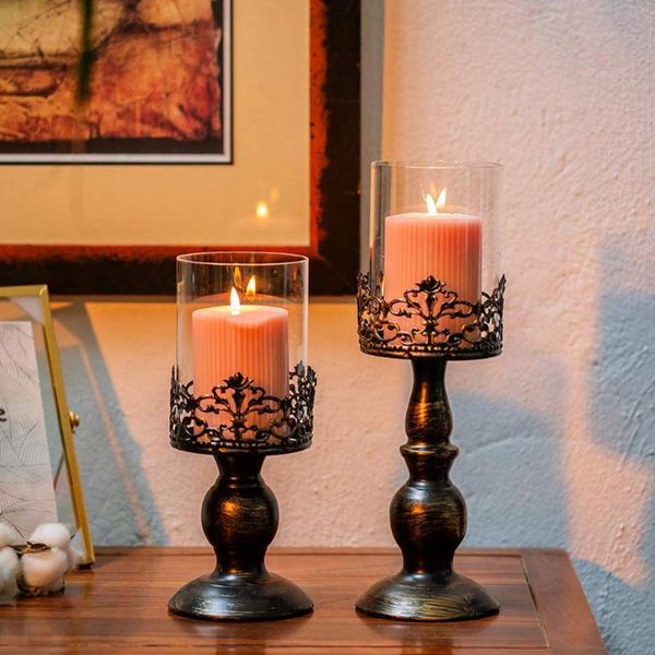 candle holders 2pcs vintage metal pillar antique hurricane candlestick glass cover deskdecoration for home wedding dinner 
candle holders 2pcs vintage metal pillar antique hurricane candlestick glass cover deskdecoration for home wedding dinner