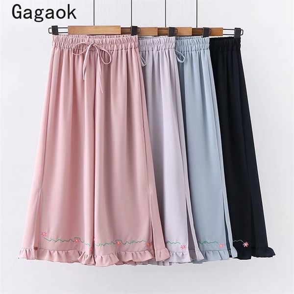 women japan style chiffon ankle-length pants spring autumn embroidery ruffles floral loose sweet wild pant 210531, Black;white
women japan style chiffon ankle-length pants spring autumn embroidery ruffles floral loose sweet wild pant 210531, Black;white