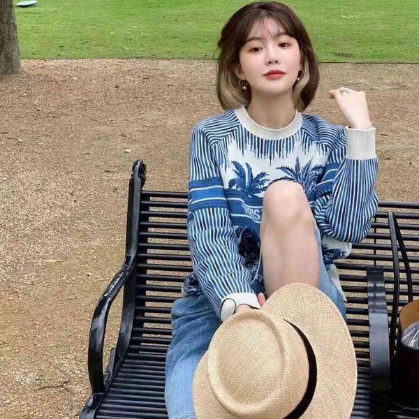 women's sweaters high version of men and women with blue coconut stripe knitted pullover temperament fashion joker jacket yeq3, White;black
women's sweaters high version of men and women with blue coconut stripe knitted pullover temperament fashion joker jacket yeq3, White;black