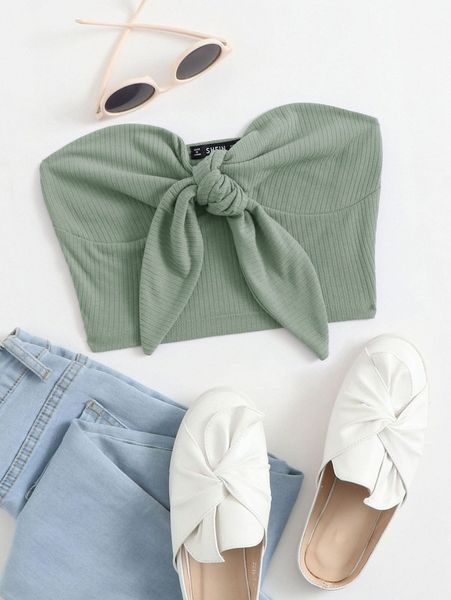 tie front rib-knit bustier tube y8fu#, White