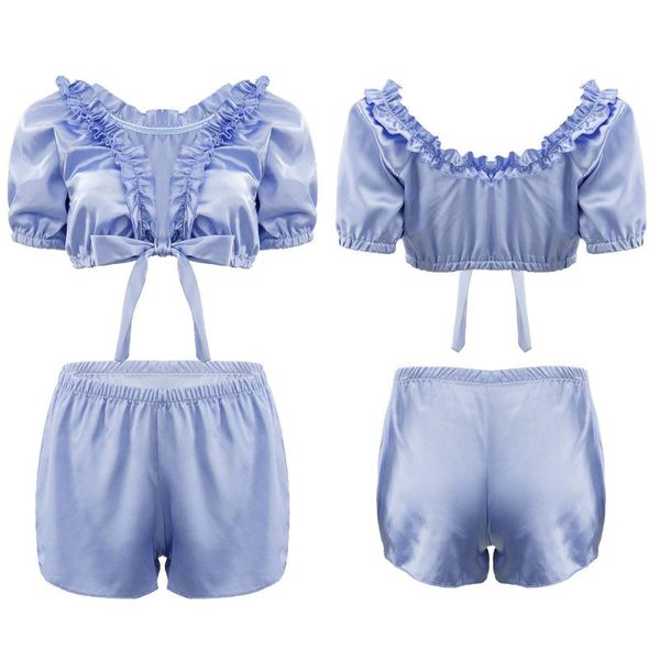 bras sets women summer 2pcs blue satin pajamas set homewear nightwear ruffles short sleeve lace-up crop with mid waist shorts pants, Red;black
bras sets women summer 2pcs blue satin pajamas set homewear nightwear ruffles short sleeve lace-up crop with mid waist shorts pants, Red;black