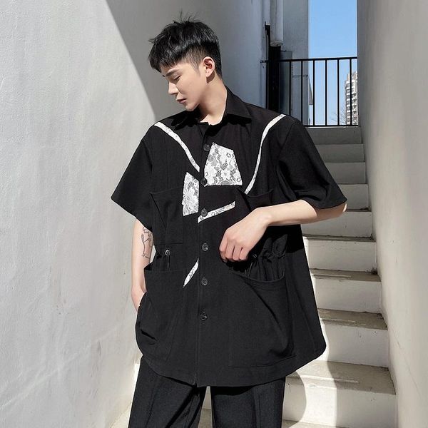 men irregular lace splice drawstring short sleeve loose casual dress shirts man japan harajuku streetwear vintage male men's, White;black
men irregular lace splice drawstring short sleeve loose casual dress shirts man japan harajuku streetwear vintage male men's, White;black