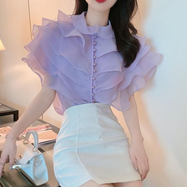 women's blouses & shirts 2021 korea fashion elegant sweet layered ruffled organza vintage pearl single breasted female blusas chic, White
women's blouses & shirts 2021 korea fashion elegant sweet layered ruffled organza vintage pearl single breasted female blusas chic, White