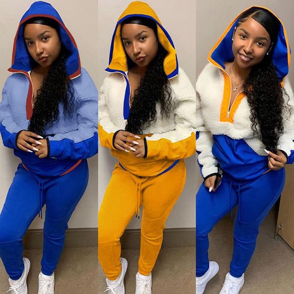 women's two piece pants lamb wool patchwork tracksuit winter clothes for women casual zipper pocket hooded outwear set jogging femme, White
women's two piece pants lamb wool patchwork tracksuit winter clothes for women casual zipper pocket hooded outwear set jogging femme, White
