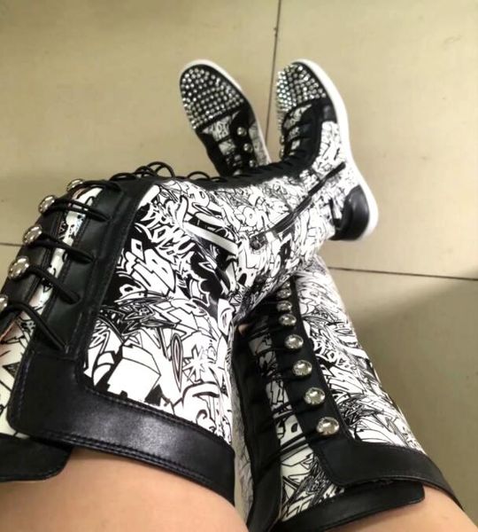 boots factory ladies over the knee thick sole rivets studs toe graffiti shiny leather thigh high cross-tie lace up botas, Black
boots factory ladies over the knee thick sole rivets studs toe graffiti shiny leather thigh high cross-tie lace up botas, Black