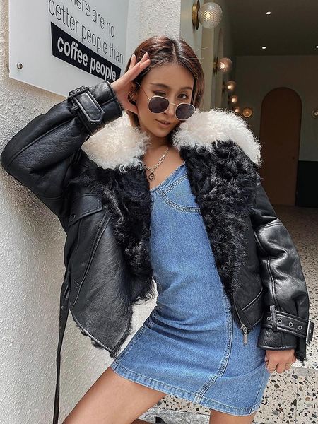 women's fur & faux sheepskin fashion winter soft wool biker korean warm jacket 2021 coat casacoszjt313, Black
women's fur & faux sheepskin fashion winter soft wool biker korean warm jacket 2021 coat casacoszjt313, Black