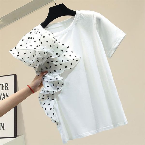 summer patchwork wave point ruffles patchwork cotton black white solid o neck t-shirt women's loose 210421
summer patchwork wave point ruffles patchwork cotton black white solid o neck t-shirt women's loose 210421