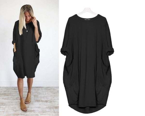 factory4761 women's casual loose pocket long sleeve dress new, White;black