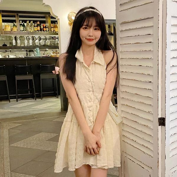 casual dresses sannian temperament gentle wind hanging neck dress women summer 2021 design sense backless small short ladies, Black;gray 
casual dresses sannian temperament gentle wind hanging neck dress women summer 2021 design sense backless small short ladies, Black;gray