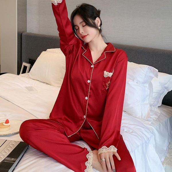 women's sleepwear korean style red draping casual pajamas ice silk spring and autumn long sleeve lace thin loose home wear, Black;red
women's sleepwear korean style red draping casual pajamas ice silk spring and autumn long sleeve lace thin loose home wear, Black;red