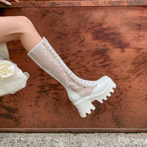 spring and summer lace boots fashion high waterproof platform stitching design trendy dress up women's shoes, Black 
spring and summer lace boots fashion high waterproof platform stitching design trendy dress up women's shoes, Black