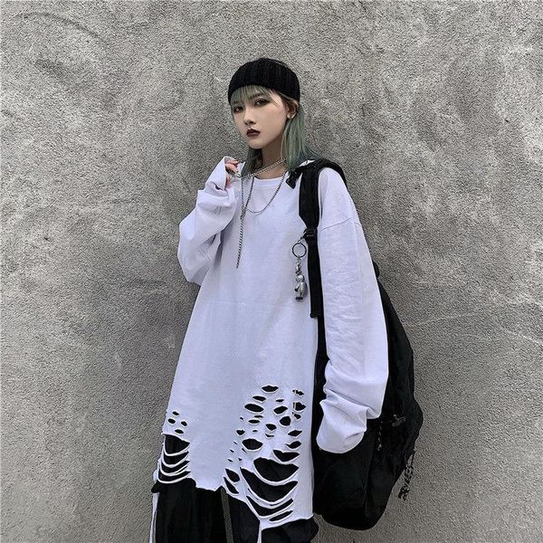 women's t-shirt 19 korean retro harajuku bf style personality decadent tear hole loose base long sleeve for men and women, White
women's t-shirt 19 korean retro harajuku bf style personality decadent tear hole loose base long sleeve for men and women, White