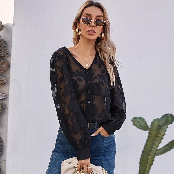 women's blouses & shirts ladies see through embroidered long sleeve blouse autumn fashion button v-neck high street mesh women wx315, White
women's blouses & shirts ladies see through embroidered long sleeve blouse autumn fashion button v-neck high street mesh women wx315, White