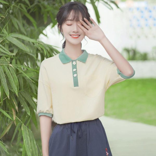 women's t-shirt khaki summer 2021 lapel cute shirt college style contrast color loose short sleeve clothing, White
women's t-shirt khaki summer 2021 lapel cute shirt college style contrast color loose short sleeve clothing, White