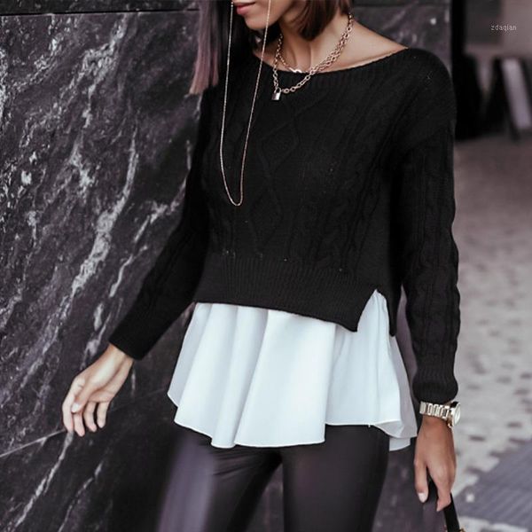 women's knitted ruffles sweater patchwork knitting twist o-neck long sleeve ladies jumper 2021 spring female pullover-dress sweaters, White;black
women's knitted ruffles sweater patchwork knitting twist o-neck long sleeve ladies jumper 2021 spring female pullover-dress sweaters, White;black
