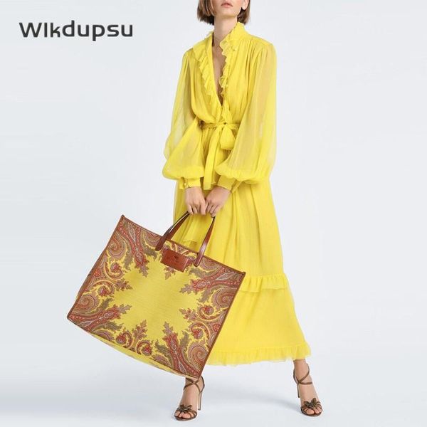 casual dresses 2021 runway fashion dress women luxury designer korean spring summer yellow ruffle elegant long maxi robe holiday party vesti, Black;gray
casual dresses 2021 runway fashion dress women luxury designer korean spring summer yellow ruffle elegant long maxi robe holiday party vesti, Black;gray