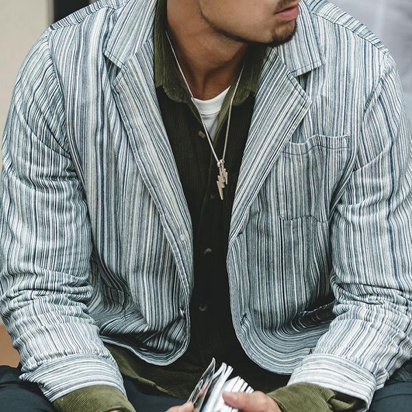men's jackets maden amekaji denim striped blazer suit japanese retro dyed three single-breasted buttons motorcycle pockets coat, Black;brown
men's jackets maden amekaji denim striped blazer suit japanese retro dyed three single-breasted buttons motorcycle pockets coat, Black;brown