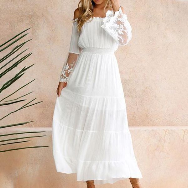 casual dresses women chiffon maxi dress flare sleeve off shoulder autumn fashion high waist lace stitching solid white vestidos, Black;gray
casual dresses women chiffon maxi dress flare sleeve off shoulder autumn fashion high waist lace stitching solid white vestidos, Black;gray