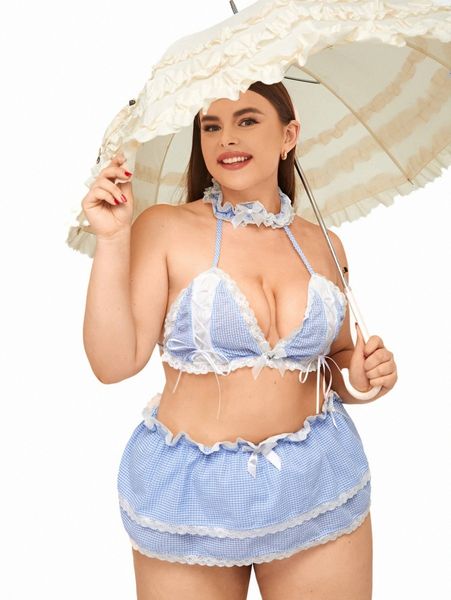 4pack plus gingham lace trim school girl costume set m47w#, Black;white
