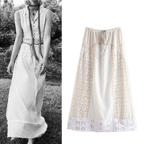 za woman vintage high waist contrast cutwork embroidery midi skirt fashion elastic waistband drawstring street 210513, Black
za woman vintage high waist contrast cutwork embroidery midi skirt fashion elastic waistband drawstring street 210513, Black