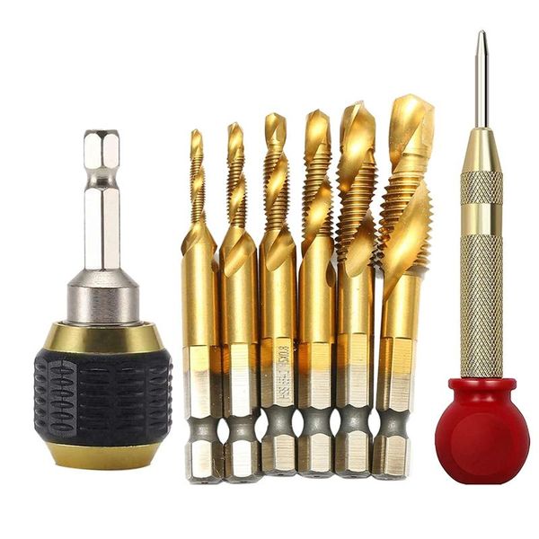 hand tools 8 pcs titanium combination drill tap bit set spiral with automatic punch tool and extension rod 60mm
hand tools 8 pcs titanium combination drill tap bit set spiral with automatic punch tool and extension rod 60mm
