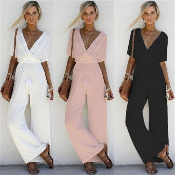 

3 colors milk silk womens jumpsuits deep v neck hight waist loose romper playsuit party ladies short sleeve long jumpsuit, Black;white