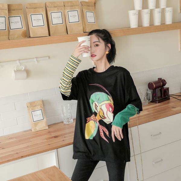 women's t-shirt fake 2 piece cartoon t women long sleeve black crewneck casual color block tee femme designer clothing ma17, White
women's t-shirt fake 2 piece cartoon t women long sleeve black crewneck casual color block tee femme designer clothing ma17, White