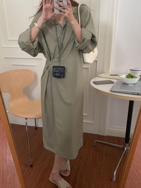 casual dresses superaen french solid irregular design side buckle waist mid-calf straight turn-down collar woman dress, Black;gray
casual dresses superaen french solid irregular design side buckle waist mid-calf straight turn-down collar woman dress, Black;gray