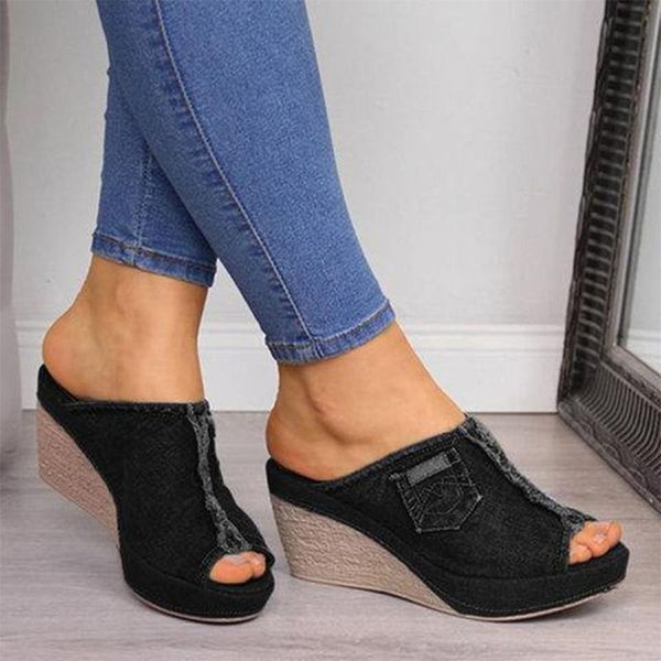 women's wedges canvas slipper summer denim platform peep toe female shoes solid non slip casual ladies footwear 2021 slippers, Black
women's wedges canvas slipper summer denim platform peep toe female shoes solid non slip casual ladies footwear 2021 slippers, Black