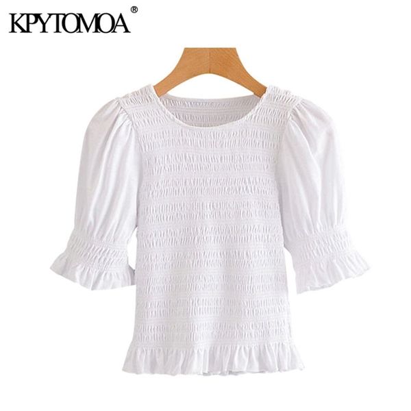 women sweet fashion elastic smocked ruffles cropped blouses o neck puff sleeves female shirts chic 210420, White
women sweet fashion elastic smocked ruffles cropped blouses o neck puff sleeves female shirts chic 210420, White