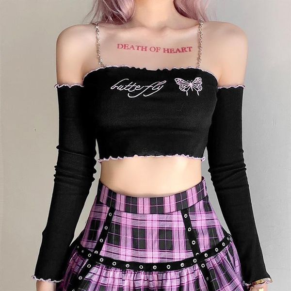 women's t-shirt 2021 est arrival fashionable off shoulder crop long sleeve letter butterfly embroidery with chain straps, White
women's t-shirt 2021 est arrival fashionable off shoulder crop long sleeve letter butterfly embroidery with chain straps, White