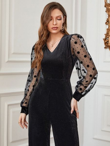 contrast dobby mesh sleeve velvet jumpsuit 04yz#, White