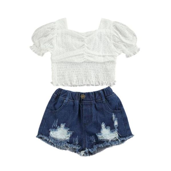 clothing sets girls solid color clothes set puff sleeve square collar stretchy ripped short jeans with button, White
clothing sets girls solid color clothes set puff sleeve square collar stretchy ripped short jeans with button, White