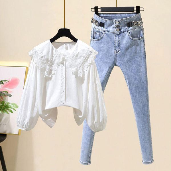 small spring women's suit korean loose lace collar white shirt with two-piece high waist jeans feet two piece pants
small spring women's suit korean loose lace collar white shirt with two-piece high waist jeans feet two piece pants