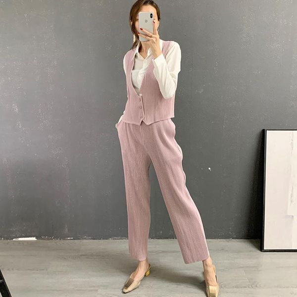 women's two piece pants changpleat 2021 autumn miyak pleated women suit fashion solid vest + two-piece sets, White
women's two piece pants changpleat 2021 autumn miyak pleated women suit fashion solid vest + two-piece sets, White