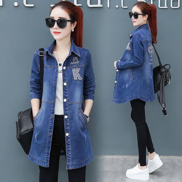 student casual plus size jacket fashion embroidered beading women's mid-length denim coat jackets, Black;brown
student casual plus size jacket fashion embroidered beading women's mid-length denim coat jackets, Black;brown