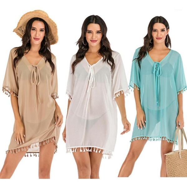 chiffon pareo beach cover up tassel dress women 2021 summer swimwear bathing suit beachwear vestido playa saida women's, White;black
chiffon pareo beach cover up tassel dress women 2021 summer swimwear bathing suit beachwear vestido playa saida women's, White;black