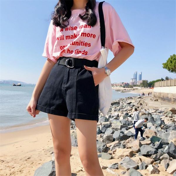 women's shorts spring summer high waisted jeans women loose casual denim pants with belt black/white ladies 100% cotton, White;black
women's shorts spring summer high waisted jeans women loose casual denim pants with belt black/white ladies 100% cotton, White;black