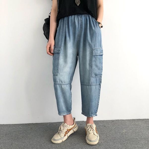 denim pants women summer thin loose straight leisure solid color pockets elastic waist female casual harem women's jeans, Blue
denim pants women summer thin loose straight leisure solid color pockets elastic waist female casual harem women's jeans, Blue