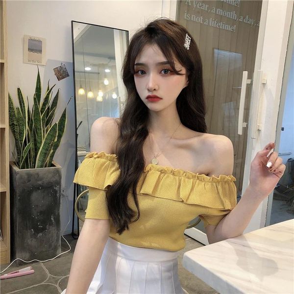 women's t-shirt off shoulder t shirts summer solid slash neck slim ladies short sleeve ruffles knitted tees women clothing 2021, White
women's t-shirt off shoulder t shirts summer solid slash neck slim ladies short sleeve ruffles knitted tees women clothing 2021, White