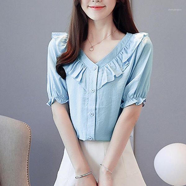 women's blouses & shirts ljsxls light blue v-neck women sweet loose button open stitch ruffles short sleeve shirt female summer clothes, White
women's blouses & shirts ljsxls light blue v-neck women sweet loose button open stitch ruffles short sleeve shirt female summer clothes, White