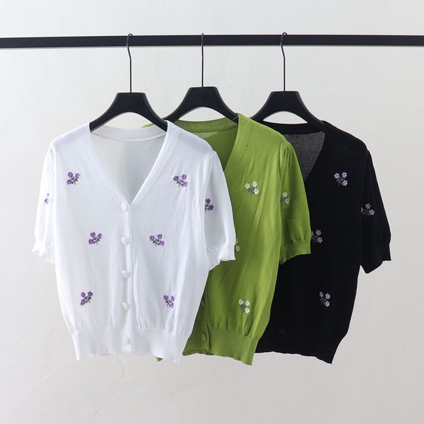 t shirt 2021 summer heavy industry embroidered v-neck ice silk knitted cardigan women's small short coat, White
t shirt 2021 summer heavy industry embroidered v-neck ice silk knitted cardigan women's small short coat, White